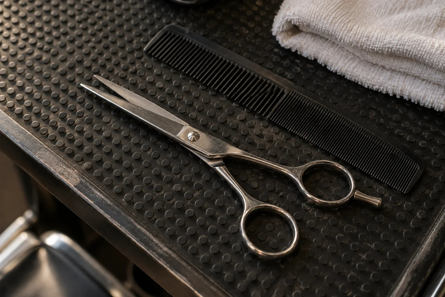 Barbiersgereedschap op een donkere werkmat