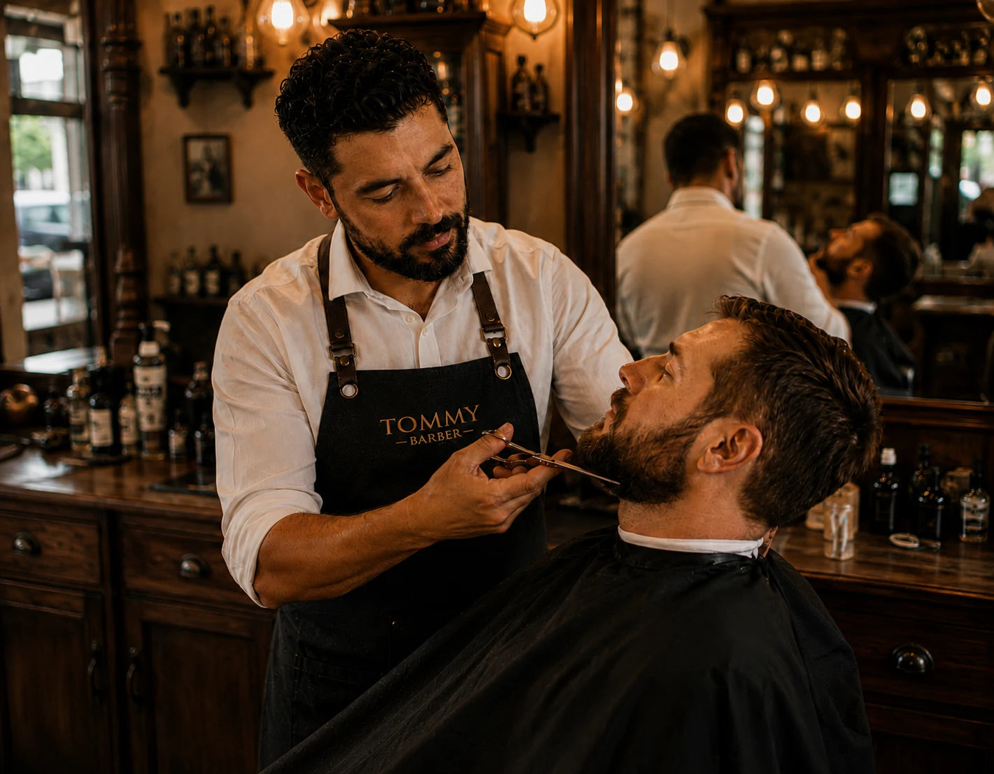 Tommy werkt met een schaar aan de baard van een klant