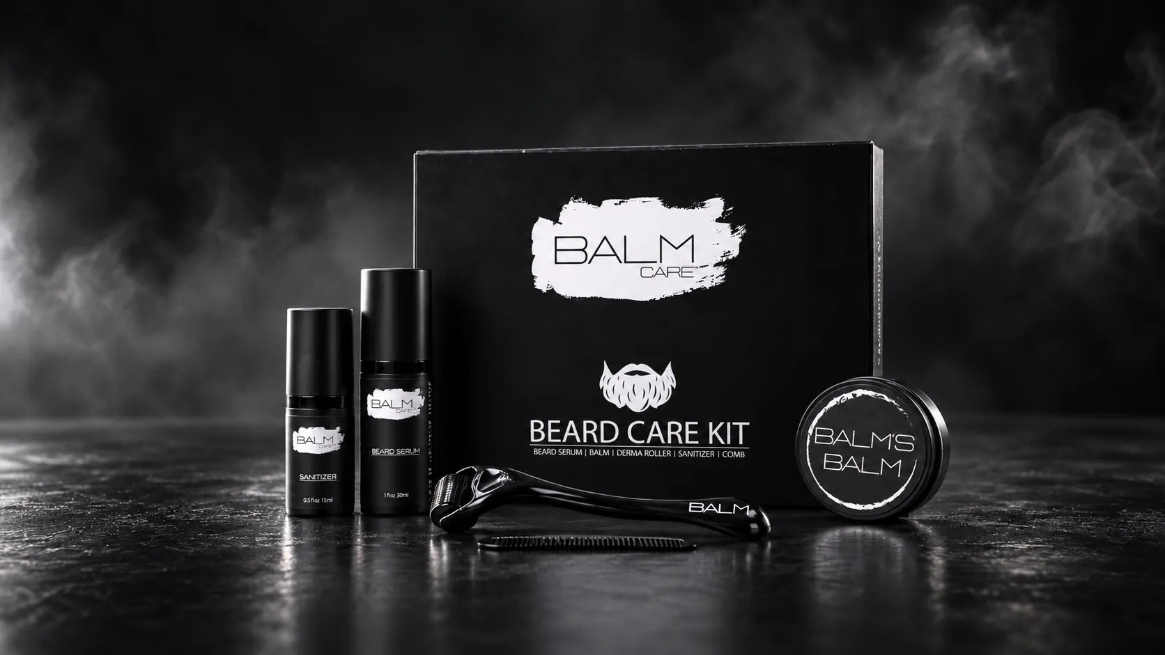 BalmCare baardverzorgingspakket met serum, sanitizer, balsem, dermaroller en kam